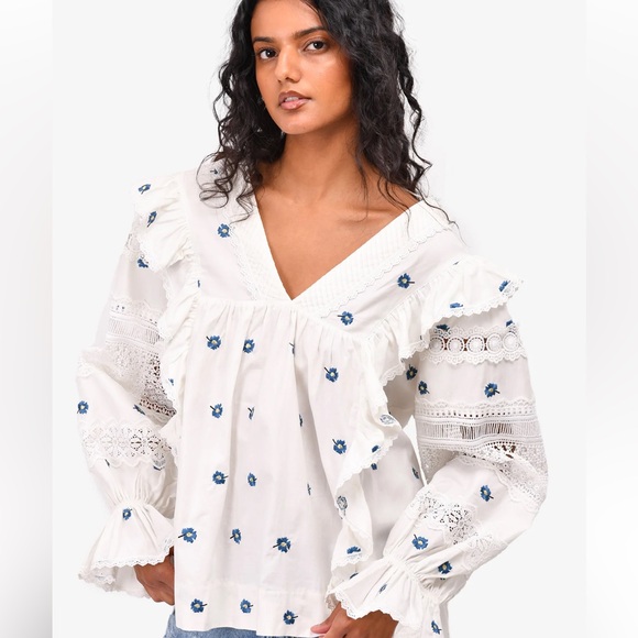 LUG VON SIGA WHITE/BLUE COTTAGE-CORE EMBROIDERED FLORAL CARLA V-NECK‎ BOHEMIAN - Picture 3 of 11